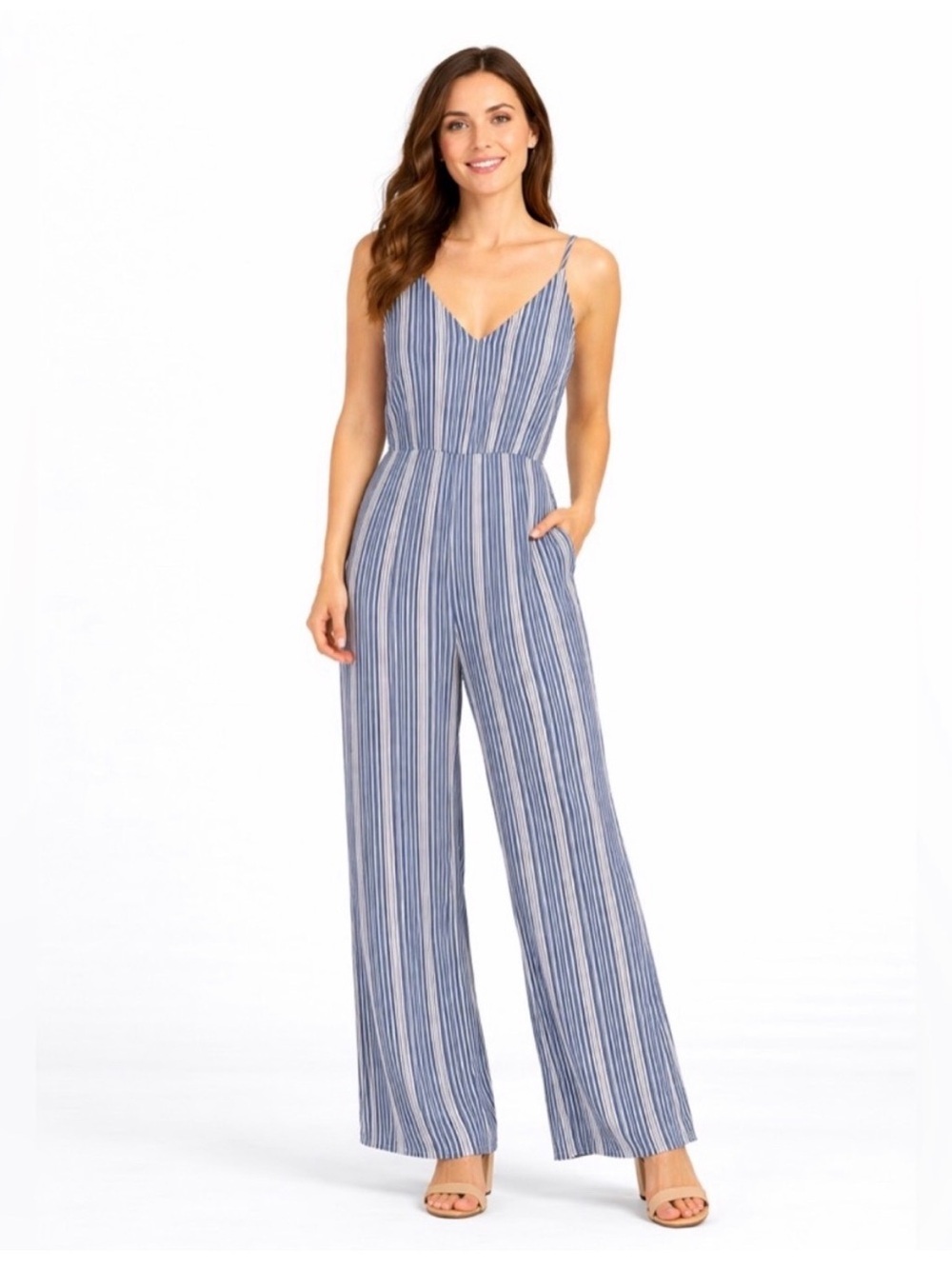 Lush Size Medium Blue Striped Wide Leg Jumpsuit